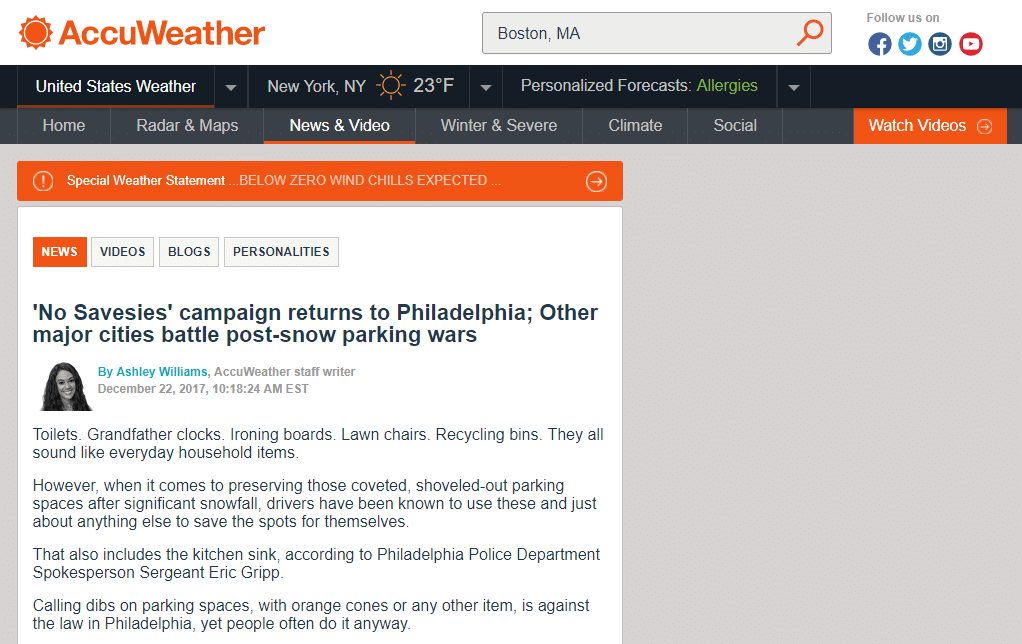 ACCUWEATHER: ‘No Savesies’ campaign returns to Philadelphia; Other major cities battle post-snow parking wars
