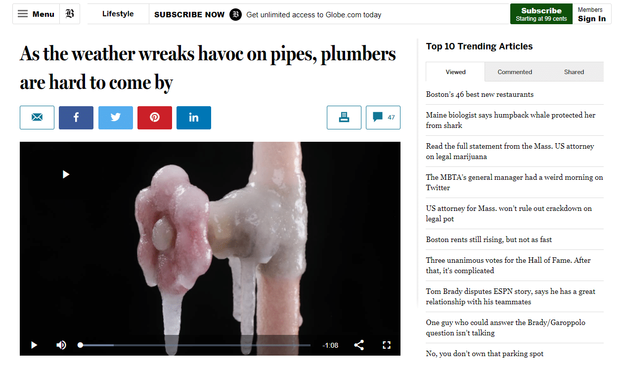 BOSTON GLOBE: As the weather wreaks havoc on pipes, plumbers are hard to come by